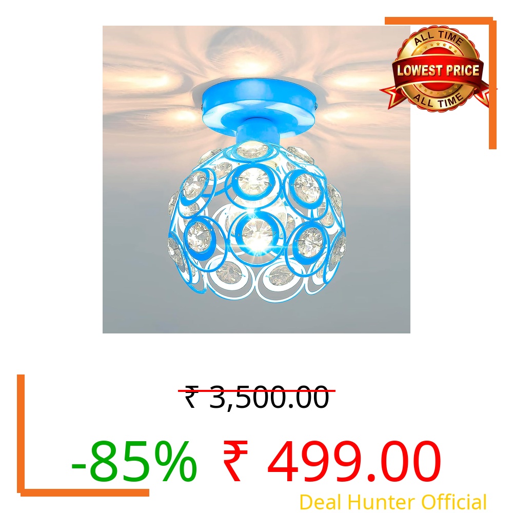 Decorcity Modern Crystal Ceiling Light Fixture | Flush Mount Ceiling Lamp with Blue Metal Frame and Crystal Accents for Living Room, Bedroom, Dining Room, Hallway Balcony