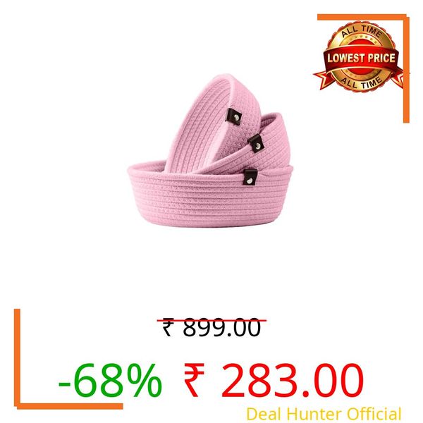 TRENDOZE 100% Natural Jute small box mini rope paper storage Round hamper baby nursery tray bucket for Living Kitchen, Office, Drawing Room,fruits, kitchen, office, Set of 3 (PINK)