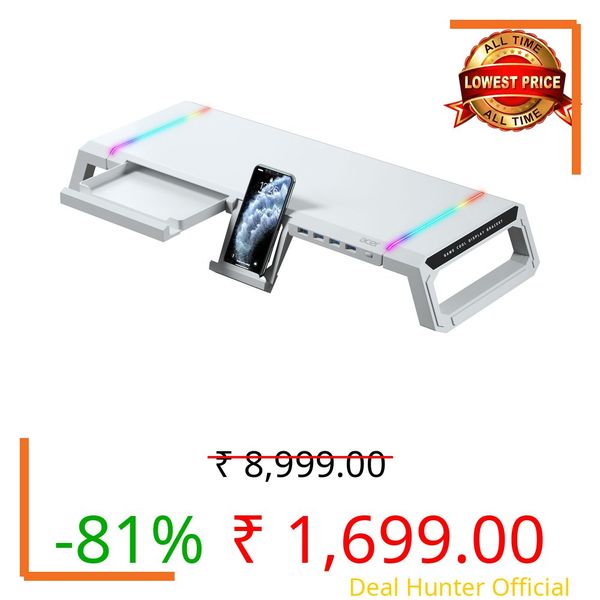 acer Ergo Multifunction Monitor & Laptop Stand Featuring RGB Lighting and a 4-Port USB Hub with Aluminum Multi Keyboard Storage Space Bar, Suitable for Both Office and Home Environments (White)