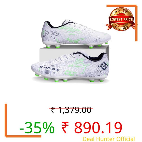 Nivia Safari Football Stud for Men, PU Synthetic Leather Upper, TPU Sole, Die-Cut EVA Sockliner, Ideal for Hard & Grassy Surfaces (White/Grey) Size-UK03