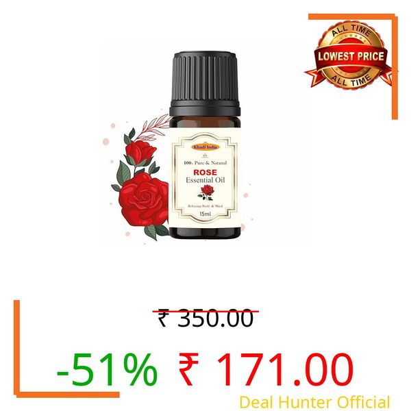 Vedimatic Khadi 100% Pure & Natual Organic Rose (Gulab Oil) Essential Oil Natural and Therapeutic Grade with Glass Dropper ((Pack Of 1) 15ml, Rose)