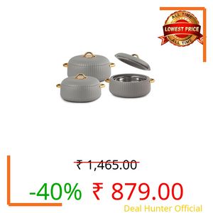 CELLO Aurum Insulated Casserole Hot Pot Box Set of 3 Pcs (1000ml, 1000ml, 1500ml) Grey | Airtight Lid Hot Pot Case Keeps Food Hot & Warm For Long Hours, Casserole Set For Roti Chapati Rice Biryani