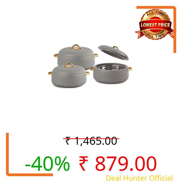CELLO Aurum Insulated Casserole Hot Pot Box Set of 3 Pcs (1000ml, 1000ml, 1500ml) Grey | Airtight Lid Hot Pot Case Keeps Food Hot & Warm For Long Hours, Casserole Set For Roti Chapati Rice Biryani