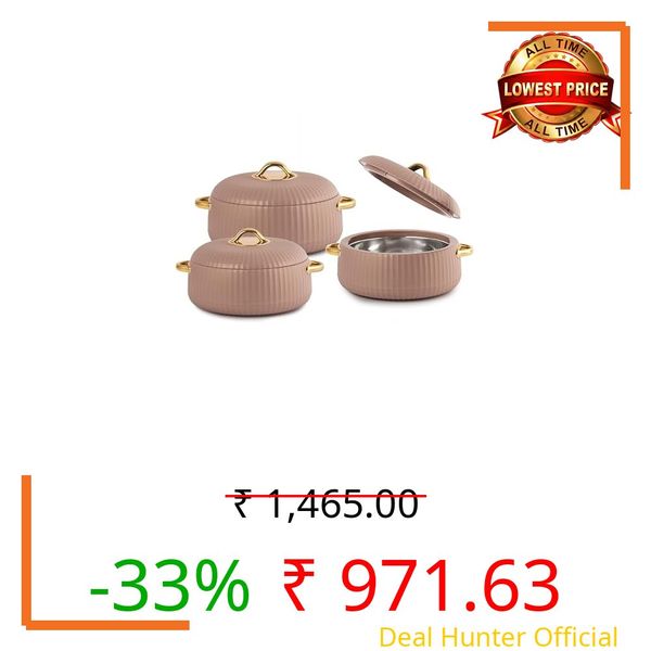 CELLO Aurum Insulated Casserole Hot Pot Box Set of 3 Pcs (1000ml, 1000ml, 1500ml) Brown | Airtight Lid Hot Pot Case Keeps Food Hot & Warm For Long Hours, Casserole Set For Roti Chapati Rice Biryani