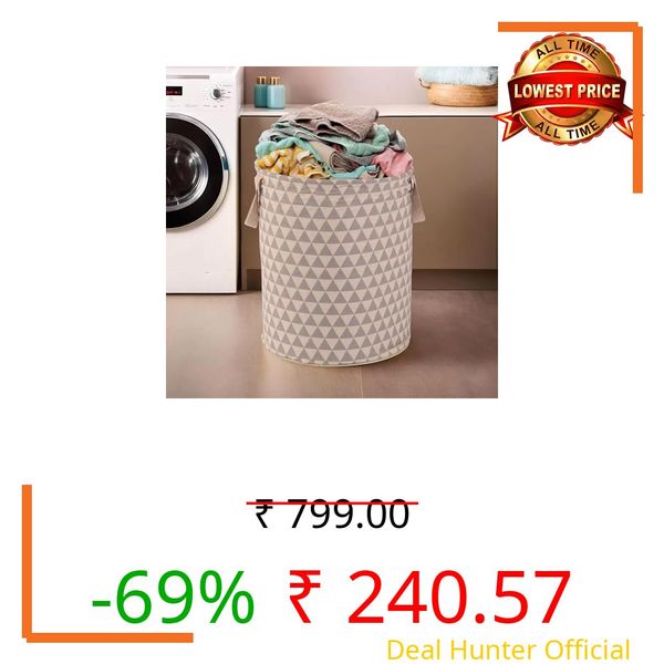 Kuber Industries Laundry Basket | 60 LTR | Foldable Dirty Cloth Basket | Cotton Round Hamper With Handle | Laundry Basket For Toy | Triangle-Print | Grey