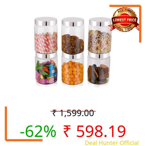 Homeor Plastic Storage Jar & Container, Airtight BPA Free Container for Kitchen Storage, Grocery Kitchen Container, Stackable & Transparent Organizer, Masala Dabba, Multipurpose Jar, 1500 ML Set 6
