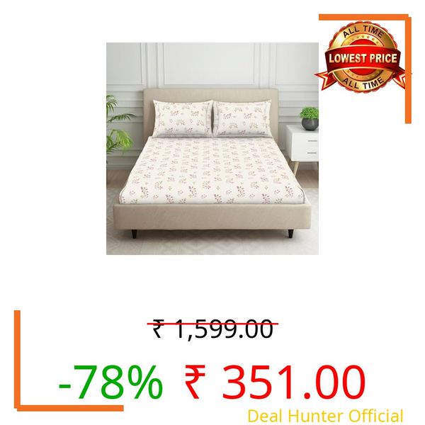 Welspun 120 TC Cotton Blend Bedsheet for Double Bed with 2 Pillow Cover | Skin Safe & Super Soft Queen Size Bed Sheet | (224 X 254 CM) - Floral Grey | Harmony