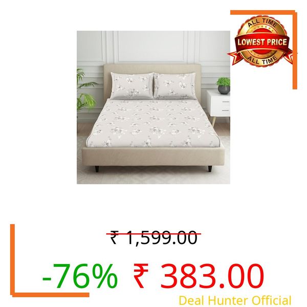 Welspun Cotton Rich Bedsheet for Double Bed Queen Size with 2 Pillow Covers | Skin Safe & Super Soft Bedsheet | Floral Print | 224 x 254 cm (Pillow Covers: 43 x 68 cm) | Grey