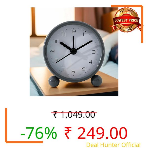 The Better Home Acrylic Analog Alarm Clock (7.5cm) | Loud Clock for Heavy Sleepers | Mini Clock for Kids and Students | Round Shaped Table Clock for Study Table and Bedroom - Grey
