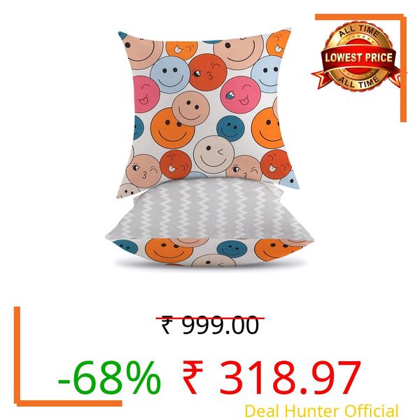 IVAZA Floral Printed Throw Cushion Covers Premium Cotton Square Pillow Cover, Sofa Cover Printed Pillowcases 24 x 24 Inches (Pack of 2) Emoji Multi