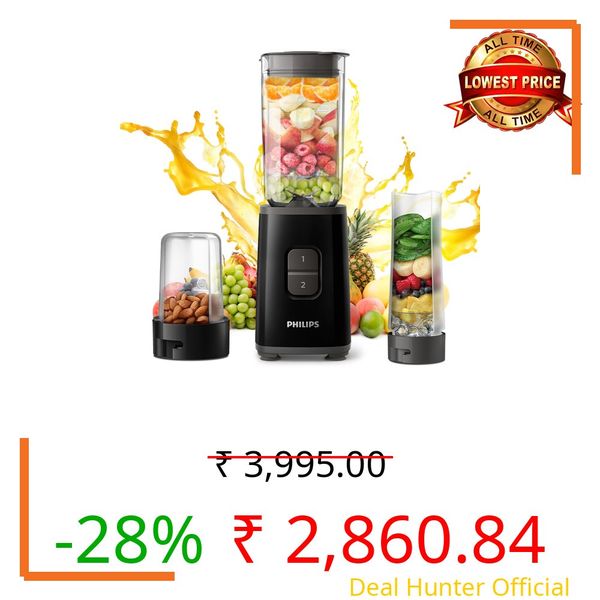 Philips HR2603/90 Mini Blender Mixer Grinder | Smoothie Maker | 350W Power | 3-Jar Capacity | With Variable Speed Control | Perfect for Smoothies, Mixing & More, Black