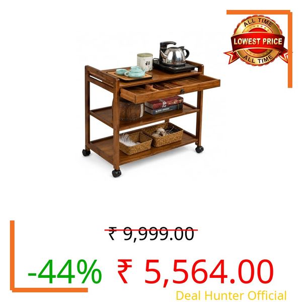 VM DECOR Solid Wood Kitchen Trolley on Wheels - 3-Tier Rolling Serving Cart with Drawer & Storage Shelves, Portable Tea Coffee Station for Home, Wood Trolley Dining & Kitchen (L 59 x W 33 x H 80 cm)