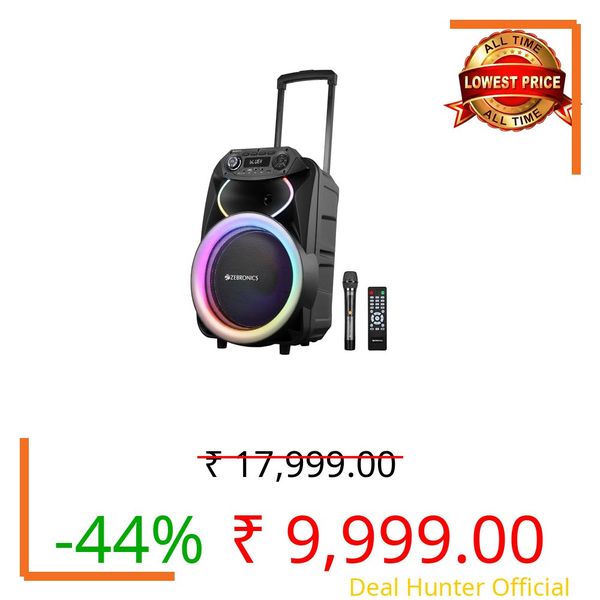 ZEBRONICS GINOX Party Trolley DJ Speaker, 80W, Upto 7h Battery, Karaoke, BT v5.3 | TWS | USB | mSD | 2X Mic Input | Aux | FM, RGB LED, 12" Full Range Driver, Included UHF Wireless Mic