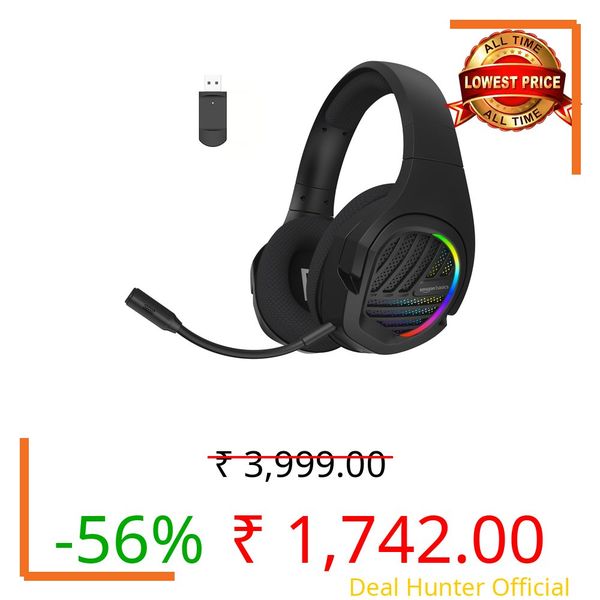 amazon basics Tri-Mode Wireless RGB Gaming Headphones with Detachable Mic,Volume Scroller,Microphone On/Off Button,Type-C Charging Jack, for PC and Laptop. (Black)