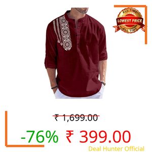 Folgen Men’s Cotton Blend Kurta | Casual for Men | Comfortable & Stylish | Regular Fit | Kurtas for Men Under 500 | Full Sleeve Short Kurta Shirt | Printed Maroon