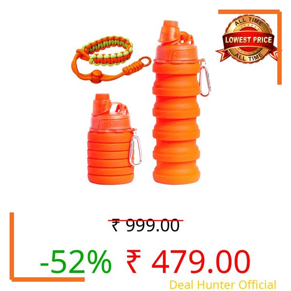 FunBlast Silicone Sipper Bottle Bottle - 500 ML, Expandable Water Bottle for Home, Office, Gym, Trekking, BPA Free Food-Grade Collapsible Leak Proof Portable Travel Water Bottle (Orange)