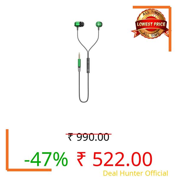 Boat BassHeads 162 V2 Wired Earphones with 10mm Drivers, Metallic Earbuds, Integrated Controls, in-Line Microphone, Ergonomic Fit, Braided Cable & 3.5mm Jack(Sage Green)