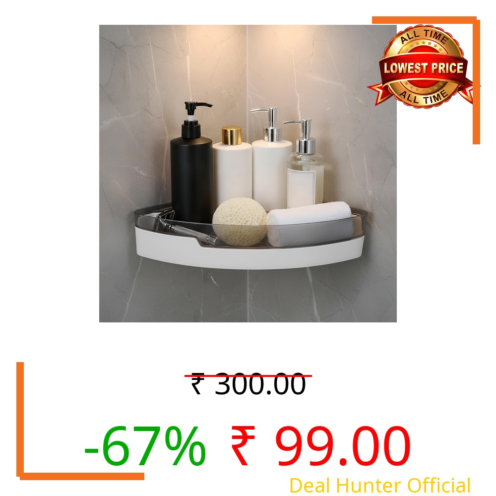 IBELL Bathroom Corner Shelf Without Drilling, Adhesive Wall Mounted Corner Rack for Bathroom Organizer, ABS Plastic Shower Shelf for Toiletries, Kitchen & Washroom Storage (Black & White, 1 Pc)