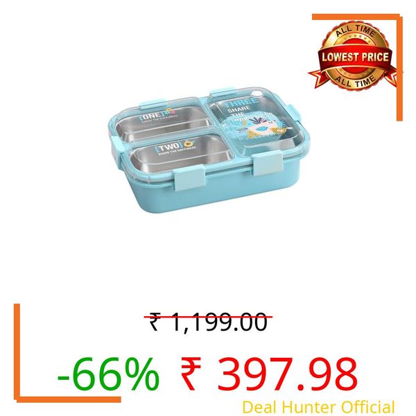 ATTRO Alpha 3 Kids Lunch Box with 3 Compartment Inner Steel, 1 Small Container, Spoon & Chopstick Air-Tight Leakproof Heat Water Insulation Design- 750ml+70ml Blue
