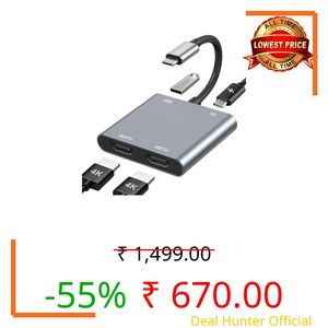 USB C to Dual HDMI Adapter, 4K@60Hz HDMI Splitter for Dual Monitors with USB 3.0, 100W PD Charging, HDMI Splitter Extended Display for for MacBook Air/Pro, Dell XPS, HP, Surface, Chromebook