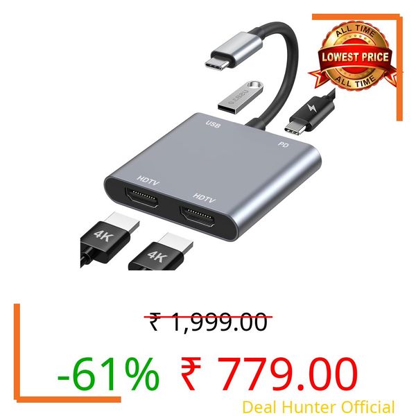 USB C to Dual HDMI Adapter, 4K@60Hz HDMI Splitter for Dual Monitors with USB 3.0, 100W PD Charging, HDMI Splitter Extended Display for for MacBook Air/Pro, Dell XPS, HP, Surface, Chromebook