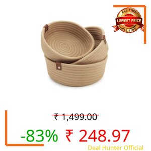 Trendoze Jute Cotton Stripped Handcrafted Woven Planter Basket For Home Decore, Multi Purpose Bag With Lids For Living Room Office And Kitchen Vegetable And Fruits (BEIGE BOWL SET OF 3)