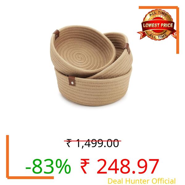 Trendoze Jute Cotton Stripped Handcrafted Woven Planter Basket For Home Decore, Multi Purpose Bag With Lids For Living Room Office And Kitchen Vegetable And Fruits (BEIGE BOWL SET OF 3)