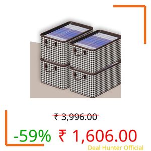 PRIME PICK Foldable Cloth Storage Organizer Box Breathable Non Woven Fabric Wardrobe Clothes Organizer Without Lid Sturdy Frame Handles Space Saving Storage Box Black and white Pack of 4