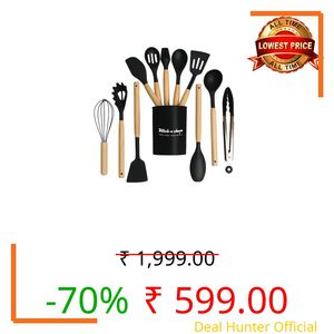 12 Pc Silicone Kitchen Utensils & Spatula Set | Non-Stick Cooking & Baking Tools with Wooden Handle | Heat Resistant, BPA-Free, Non-Toxic Flexible Silicone Cookware Tools for Non-Stick Pans (Black 01)
