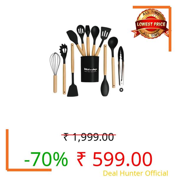 12 Pc Silicone Kitchen Utensils & Spatula Set | Non-Stick Cooking & Baking Tools with Wooden Handle | Heat Resistant, BPA-Free, Non-Toxic Flexible Silicone Cookware Tools for Non-Stick Pans (Black 01)