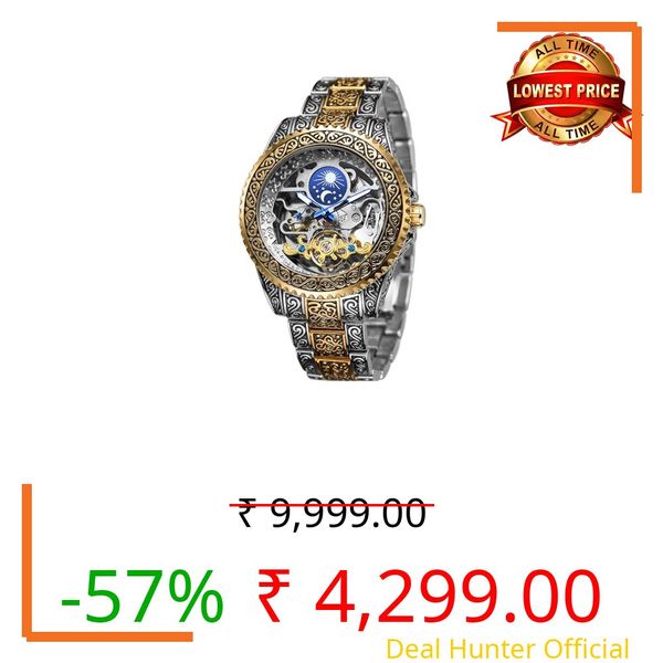 Gute Men's Watch Retro Mechanical Skeleton Watch with Carved Automatic Tourbillon, Moon Phase, Independent Seconds, and Big Dial Design - Self-Wind Automatic Wrist Watches, Gold, Classical