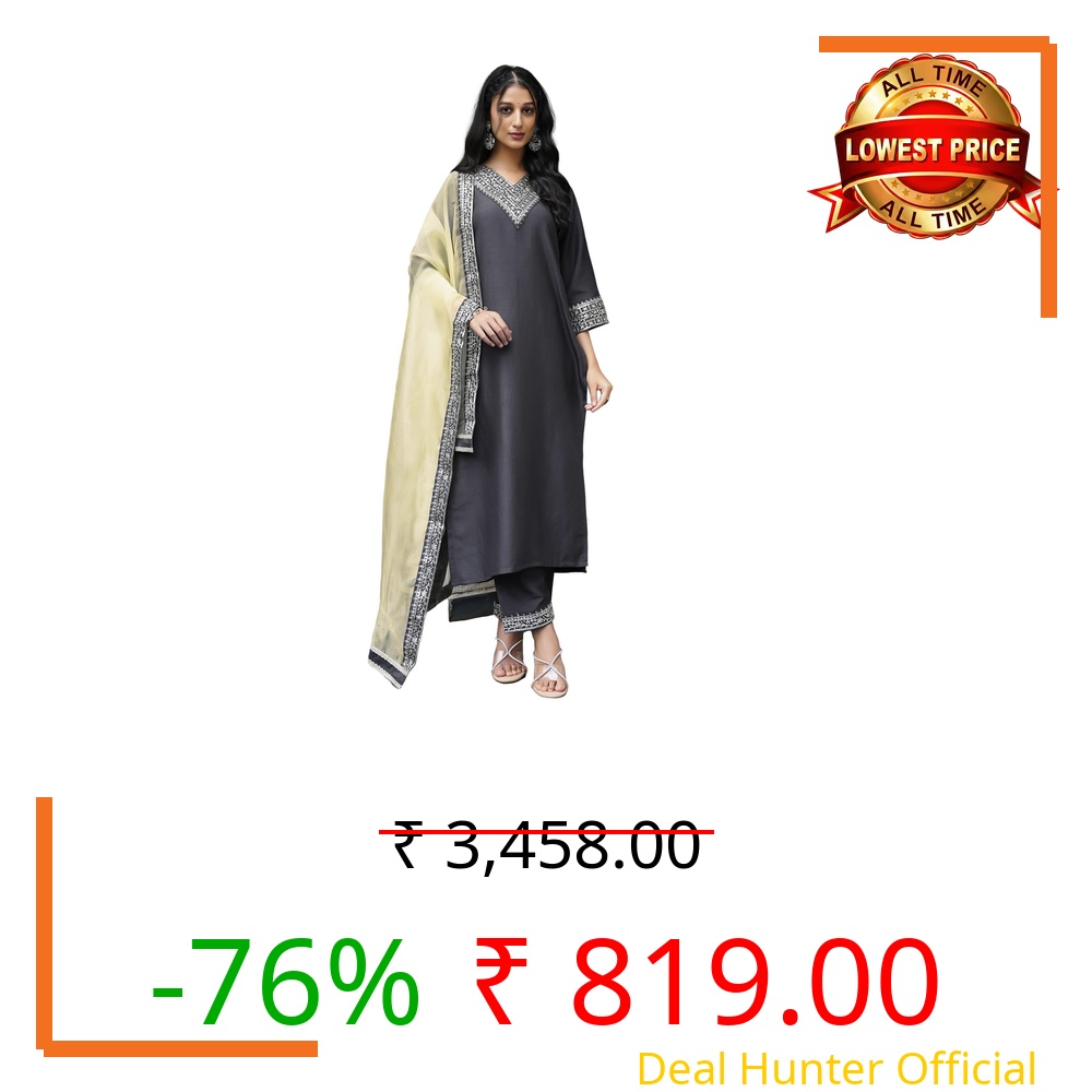 SIRIL Women's Rayon Embroidered Straight Kurta Pant with Dupatta Set (104KBD1139-XXL_Grey)