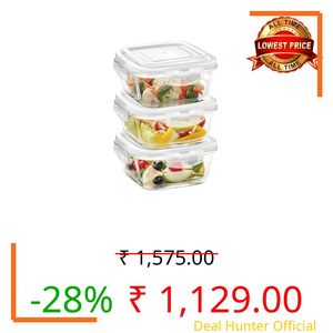 Borosil Klip n Store (520ml x 3) Square Glass Food Storage Container Set with Air Tight Lid | Borosilicate Glass Container for Lunchbox | Microwave & Dishwasher Safe | Transparent