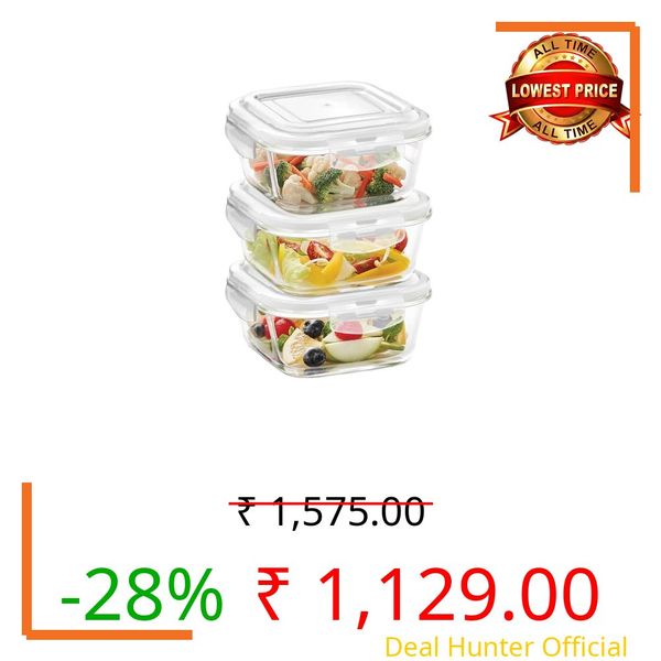 Borosil Klip n Store (520ml x 3) Square Glass Food Storage Container Set with Air Tight Lid | Borosilicate Glass Container for Lunchbox | Microwave & Dishwasher Safe | Transparent