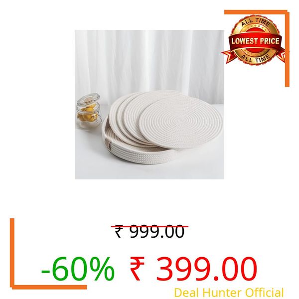 AIESY®-Live Beautiful ! Woven Cotton Rope Round 10 inch Placemats Set of 4 with Holder Included, Non-Slip, and Heat Resistant (White)