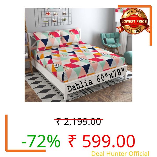 Dahlia Elastic Fitted Glace Cotton Queen Size (78x60x Upto 8 Inches) Bedsheet with 2 Pillow Covers-200TC (Rose, Multi Color)