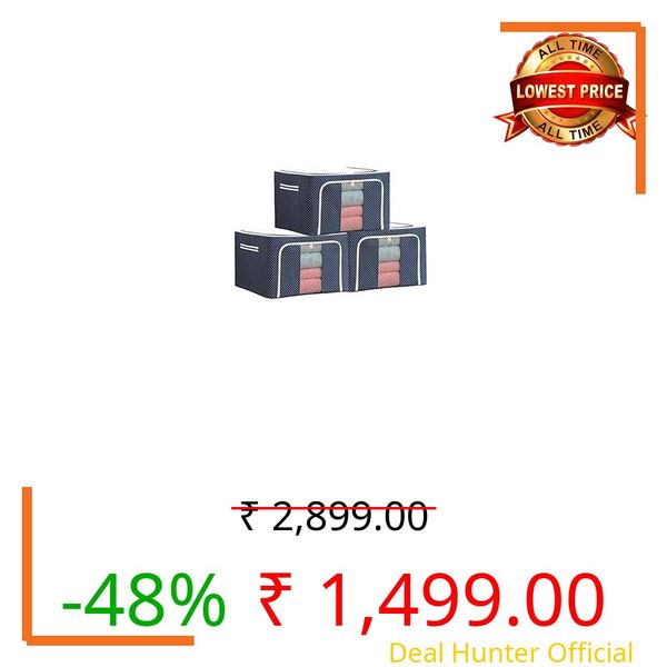 Descaler 66 Ltr storage bag Foldable Steel Frame Cloths Zip Organizer Bag and Oxford Fabric Storage Living Cover Boxes For Wardrobe Organizer Shelves Clothes, Sarees, Bed Sheet, Blanket (Pack of 3)