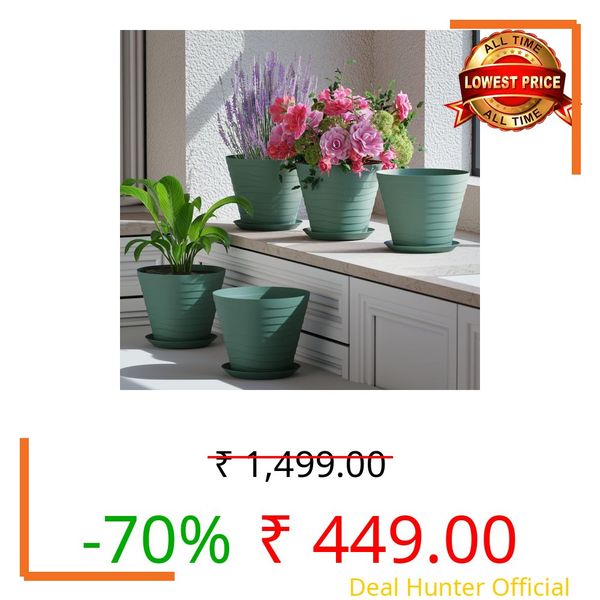 StyleX Store Plastic 8 inch Plant Pots with Drainage Holes and Tray Saucers | Flower Pots for Home Balcony and Garden | Planters with Bottom Trays | Ideal For Indoor and Outdoor Use, Pack of 5 (Green)