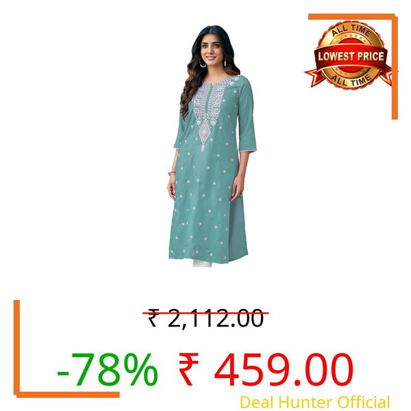 SIRIL Women's Cotton Blend Chikankari Embroidery Straight Kurta (475K10038-S_Aqua Green), Regular Fit
