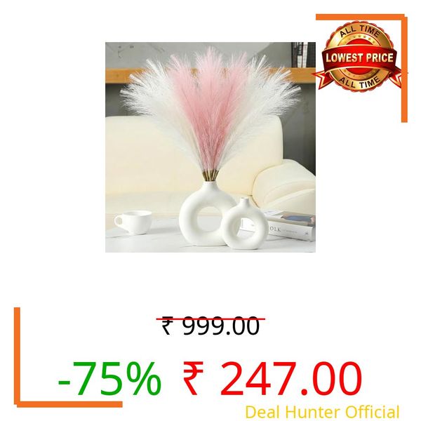 CURATED CART Faux Pampas Grass Set of 3 Small Artificial Flowers for Home, Office, Bedroom, Living Room & Table Décor - 2 White, 1 Pink, 41 cm, (Without Vase)