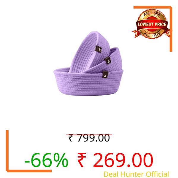 JK enterprises Rope Storage Natural Handwoven Jute Shelf Basket For Your Home & Kitchen (Small,Medium,Large) - Pack of 3 (Purple)