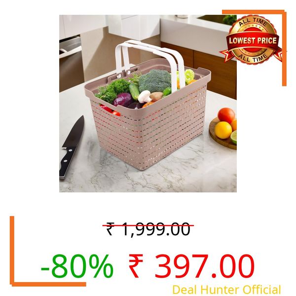 Kuber Industries Medium Plastic Storage Baskets with Foldable Handles | Storage Containers for Fruits & Vegetables | Storage Baskets for Kitchen, Books & Stationery Items | Beige