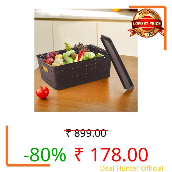 Kuber Industries 5 LTR Stackable Plastic Storage Box with Lid | Multi-Purpose Basket for Storage & Home Organizer for Kitchen, Stationary, Medicine & Pooja Item | Cannes Pattern - Brown