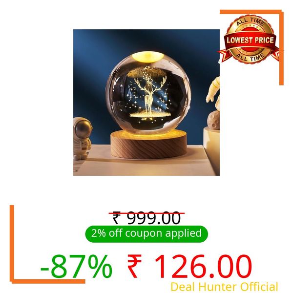 KALQIAD 3D Crystal Ball Night Lamp, USB Table Colorful LED Wooden Base Crystal Ball for Home Decorations Gifts for Men,Women,Kids,Boys,Girls,Teens (Deere Design)