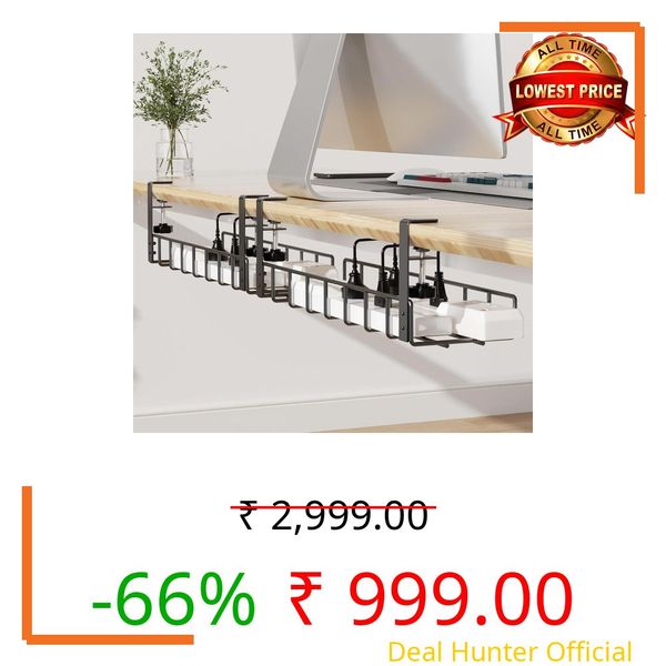 2 Pack Cable Management Under Desk Tray, 31.4" No Drill Under Desk Wire Management with Upgraded Clamp, Metal Cord Organizers for Desk with Cable Organizers, PC Cable Management Rack (2 Pack-Black)