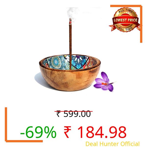 Pure Source India Bowl Shape Wooden Incense Holder with Ash Catcher Agarbatti Stand Incense Stick Holder for Home Office Pooja (Rangoli)