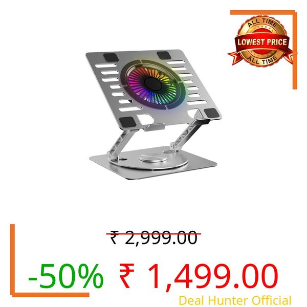 Amazon Basics Laptop Stand with Cooling Fan (Silver) | 360° Rotating Base | Adjustable Height & Angle | RGB Lights | Sturdy Aluminium Alloy | Fits Up to 15.6” Laptops & Tablets
