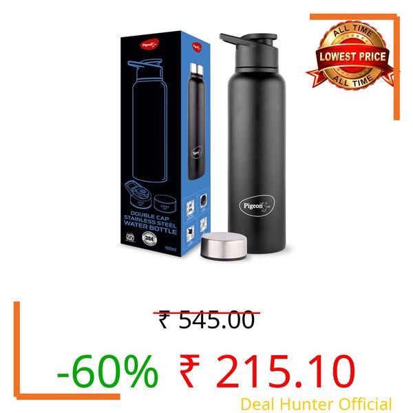 Pigeon Plastic, Stainless Steel Inox Hydra Duo, Dual Cap, Flipper And Fridge In One Bottle, Easy To Use, Multipurpose All In One Bottle 900Ml, Black