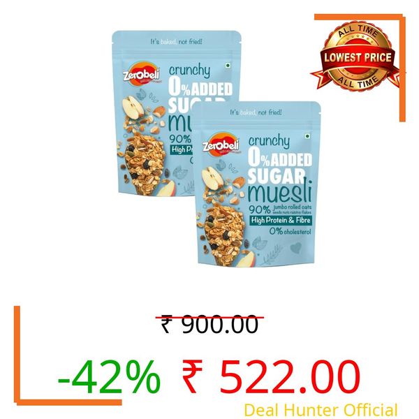 Zerobeli Crunchy 0% Added Sugar Muesli 425g (Pack of 2) | 90% Wholegrains Rich in Flax Seeds, Sunflower Seeds and Raisins | Multigrain Breakfast Cereal | Diabetic Friendly and Helps in Manage Weight