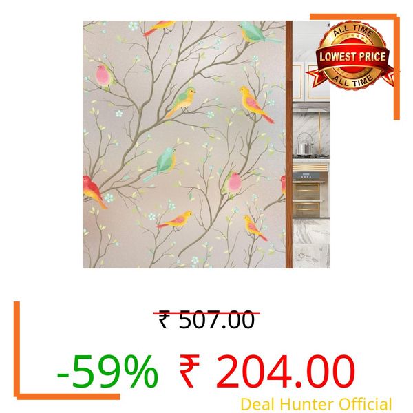 WOO Home Frosted Glass Window Film & Stickers (18 X 36 inch) Privacy Window Cover for Glass Window & Glass Door - Easy Apply, Removable Decorative Film (Multi Colour Bird Film | 1.5 X 3 SQFT)